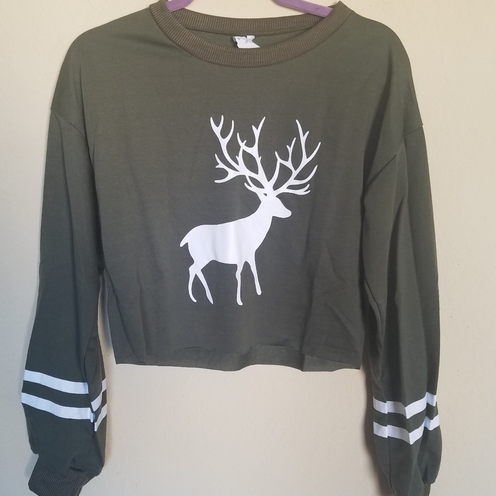 Green Reindeer Crop Top Shirt